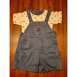 OshKosh Blue Short Overalls w/Matching Shirt Cars 12 Months 2 Pc Vintage Outfit